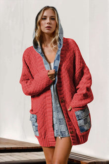  Women's full size hooded denim sweater with red knit design and denim accents.