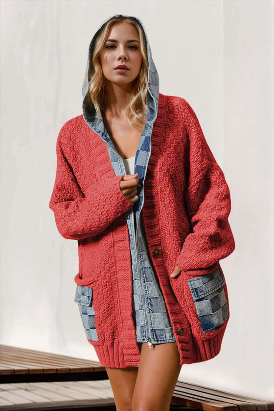 Women's full size hooded denim sweater with red knit design and denim accents.