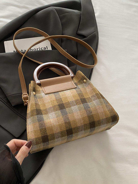 Contrast Plaid Trapezoid Shape Crossbody Bag with handle and shoulder strap.