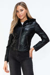 Snobbish Leather Zip Up Drawstring Hooded Jacket in faux leather with front zipper and long sleeves.