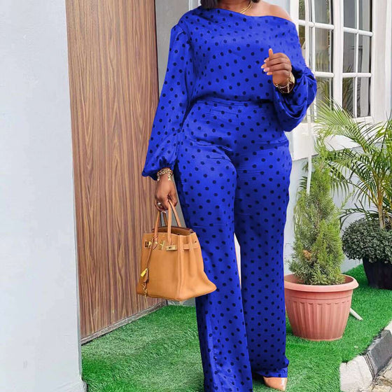 Polka dot printed long-sleeved trousers casual fashion loose shoulder suit in blue.