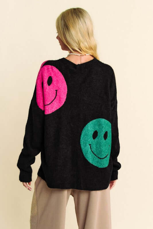 Women's Contrast Smile Round Neck Oversize Sweater featuring playful smile design.