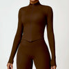 Tight long sleeve yoga wear in birch tea brown, nylon fabric, women's activewear.