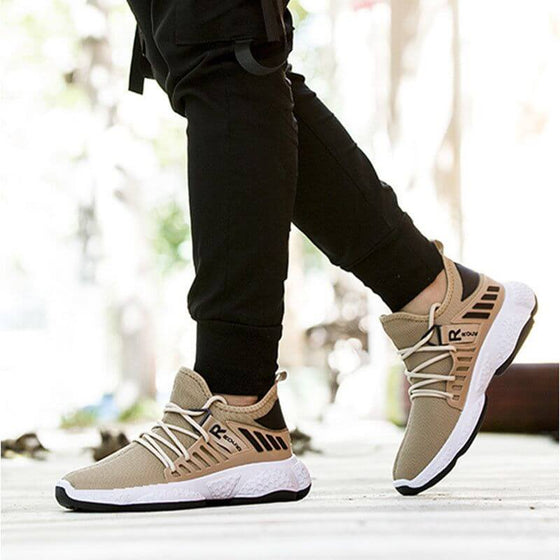 Men breathable mesh sports sneakers in beige with fly woven design.