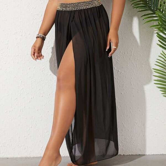 Plus size breathable mesh split beach skirt in black, available in sizes XL-5XL.