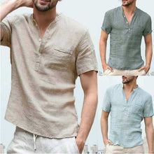  Casual linen solid color shirt with V neck and short sleeves for men, ideal for summer fashion.