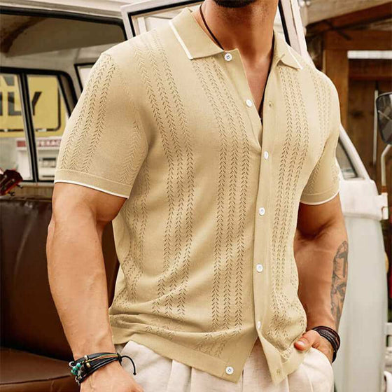 Short-sleeve summer button-up polo shirt in solid color, made from high-quality Tencel fabric, featuring a lapel design.