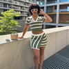 Polo collar short sleeve striped contrast color fit sheath skirt outfit on woman outdoors.