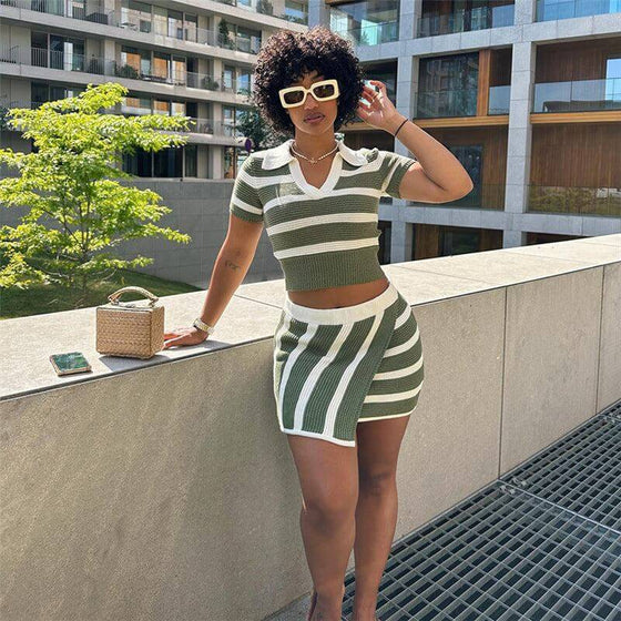 Polo collar short sleeve striped contrast color fit sheath skirt outfit on woman outdoors.