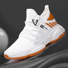 Men breathable mesh sports sneakers with white fly woven design and EVA sole.