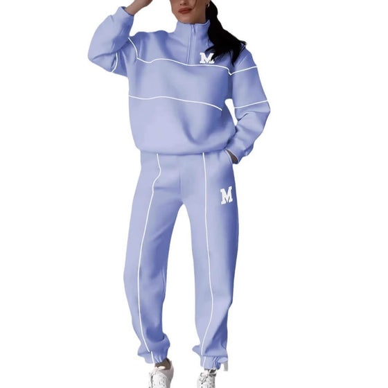 Stylish women's hoodless pullover sweatsuit set in light blue with white stripes and pockets, perfect for cozy lounge wear.