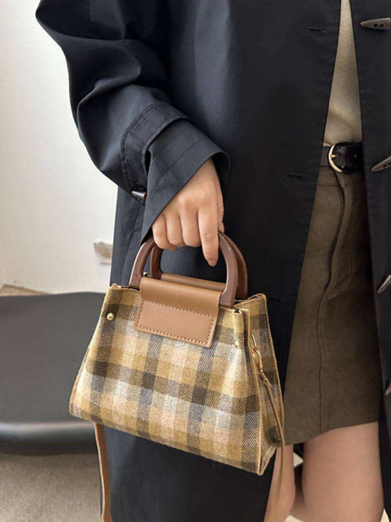 Contrast Plaid Trapezoid Shape Crossbody Bag in PU leather with unique design and ample space.