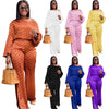 Polka dot printed long-sleeved trousers suit with lantern sleeves in various colors including orange, purple, black, blue, and white, featuring a loose-fit design.