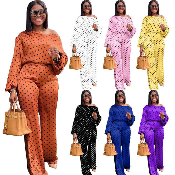 Polka dot printed long-sleeved trousers suit with lantern sleeves in various colors including orange, purple, black, blue, and white, featuring a loose-fit design.