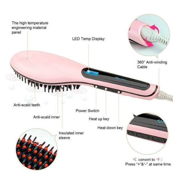 Paddle Brush Hair Straightener with LED display and anti-scald features.