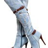 Women's plus size knee-high denim boots with stiletto heel and stylish belt buckle detail.