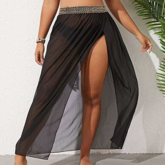 Plus size women's breathable mesh split beach skirt in black, XL-5XL, perfect for swimming and wading.