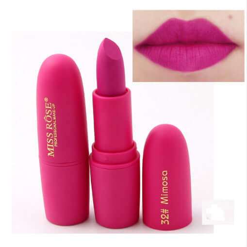 Matte moisturizing lipstick in vibrant pink shade with a long-lasting finish and hydrating formula.