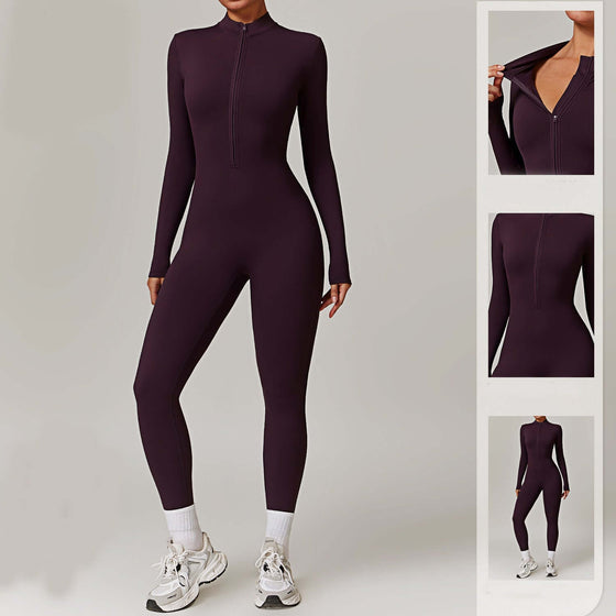 Warm zipper long-sleeved yoga fitness jumpsuit, breathable bodysuit for women, moisture-wicking fabric.