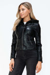 Snobbish Leather Zip Up Drawstring Hooded Jacket in faux leather with front zipper and drawstring hood.