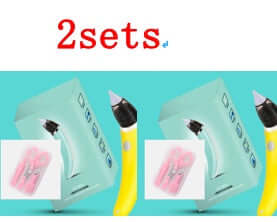 Two sets of children's nasal aspirators, featuring a mint green box and yellow device with pink accessories included.