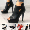 Women hollow square heel office shoes with platform, breathable design, in black and red colors.