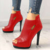 Women hollow square heel office shoes, platform breathable boots, stylish red peep-toe design, artificial PU.