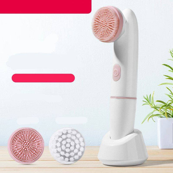 Electric Silicone Facial Cleanser with interchangeable brush heads, waterproof design.