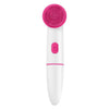 Electric silicone facial cleanser in pink with 360° cleaning brush.