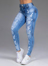 Hot Sale Ladies Ripped Stretch Jeans Trousers with Holes, Middle Waist, Blue Denim.