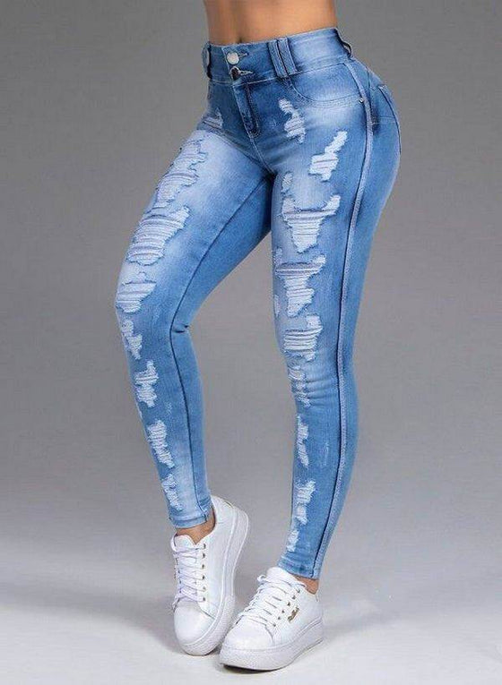 Hot Sale Ladies Ripped Stretch Jeans Trousers with Holes, Middle Waist, Blue Denim.