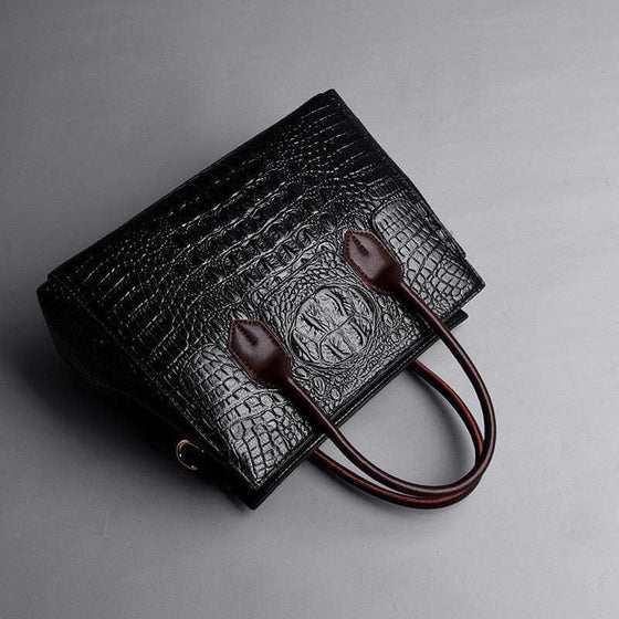 Ladies tote shoulder messenger handbag in black crocodile pattern PU material, featuring dual handles and a stylish, retro design.