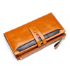 Women's multi card buckle long oil wax leather wallet with soft surface and retro design.