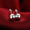 Creative 6M 8M 10M Bead Stud Earrings in silver-plated copper with geometric design on red background.