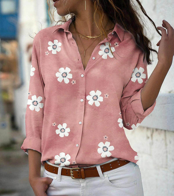 Women's solid color floral print long-sleeved shirt from Plush Fashions in pink.