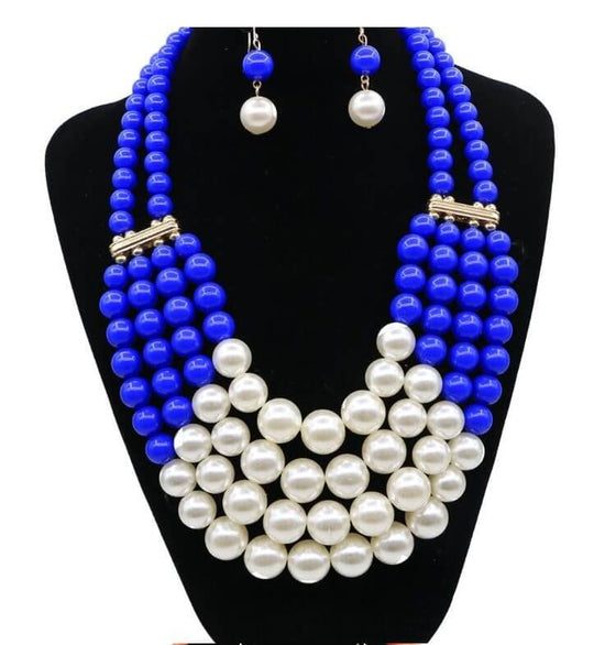 Multi Simulated Pearl Bohemian Jewelry Set with blue beads and faux pearls, featuring water wave chain design.