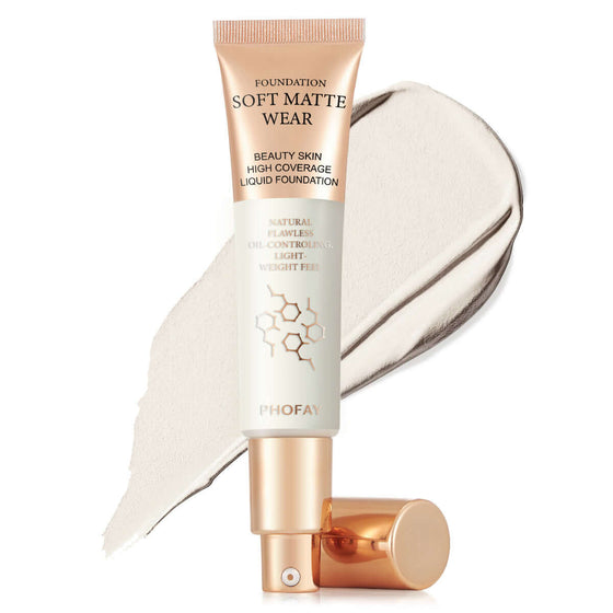 PHOFAY Full Coverage Foundation tube with swatch showing lightweight, oil-controlling formula for a flawless look.