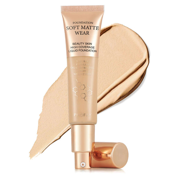 PHOFAY Full Coverage Foundation tube with swatch, lightweight and oil-controlling formula for flawless complexion.