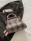 Contrast Plaid Trapezoid Crossbody Bag in PU leather and polyester on a gray background.