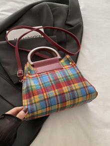  Contrast Plaid Trapezoid Shape Crossbody Bag with PU leather and polyester, medium size.