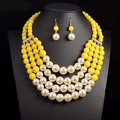 Multi Simulated Pearl Bohemian Jewelry Set with yellow beads and faux pearl necklace and earrings.