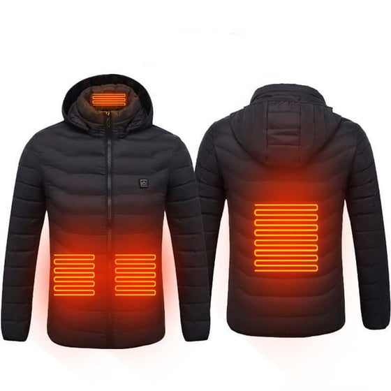 New heated coat with USB electric thermal system showcasing front and back heating zones for ultimate warmth.