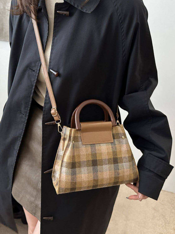 Contrast Plaid Trapezoid Shape Crossbody Bag in PU leather with handle and strap.