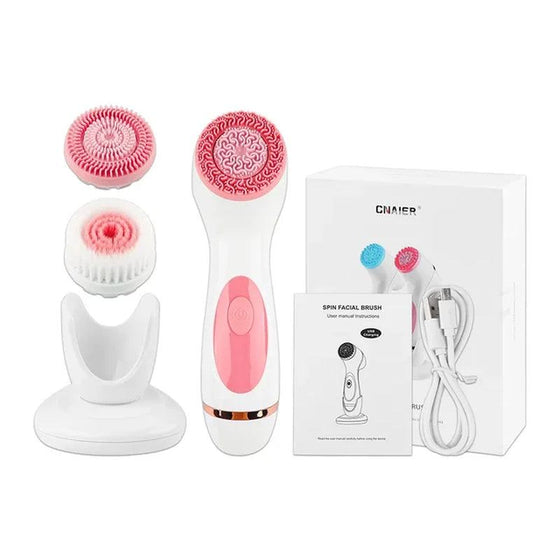 Advanced Ultrasonic Facial Cleansing Brush with Multi-Functionality and silicone brush heads.