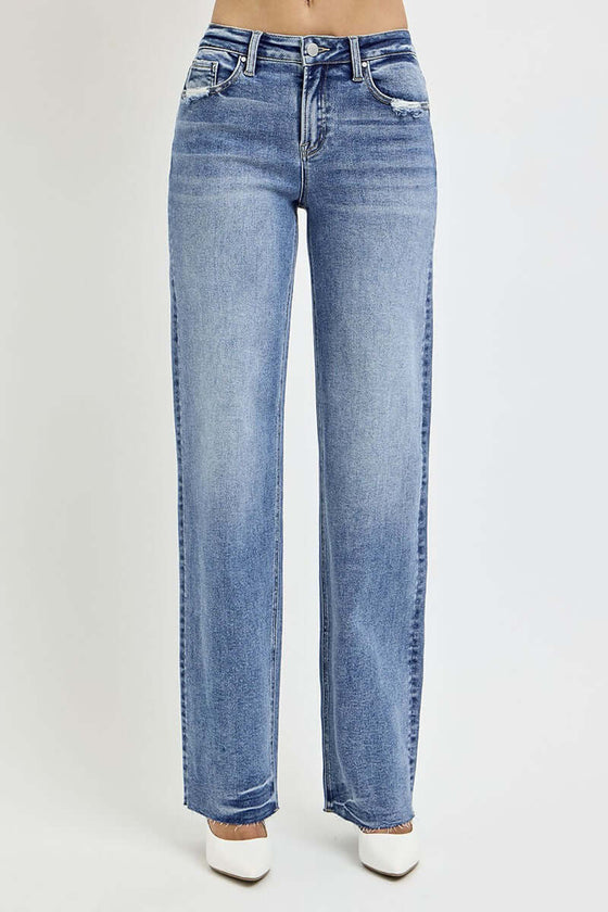 RISEN Full Size High Rise Straight Leg Jeans with Pockets in blue, flattering slim fit.