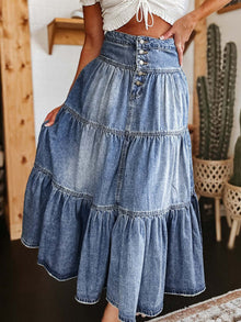  Tiered Button-Fly Denim Skirt with buttons and comfortable fit.