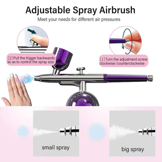 Professional Portable Airbrush Nail Kit with Compressor for Nail Art, Cake Decorating, and Crafts - adjustable spray settings.