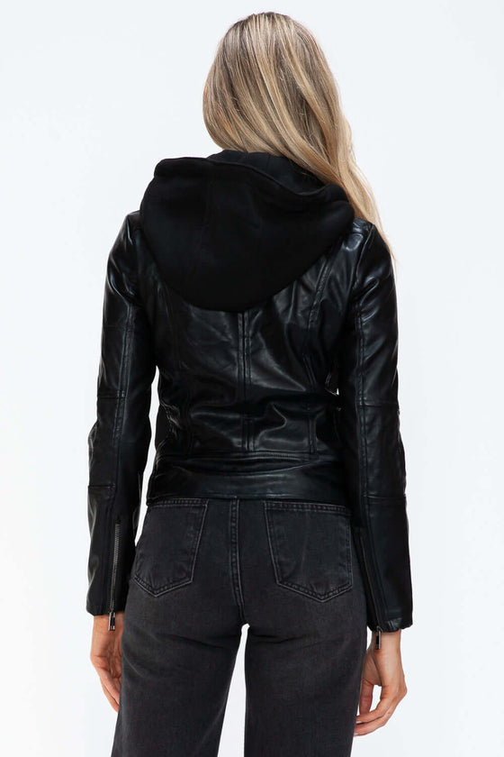 Snobbish faux leather jacket with zip-up closure and drawstring hood.