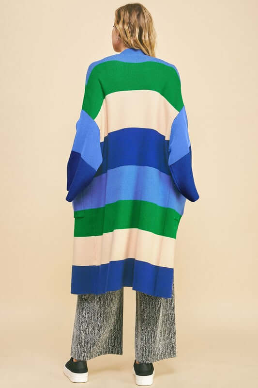 Davi & Dani Color Block Kimono Sleeve Open Front Cardigan in multicolor stripes.