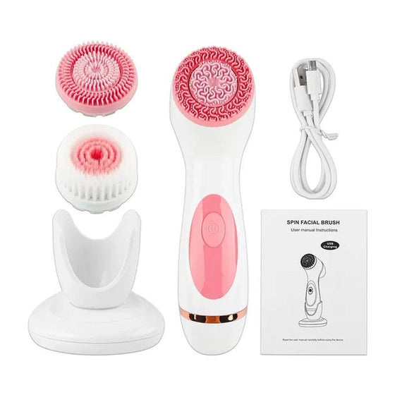 Advanced Ultrasonic Facial Cleansing Brush with accessories and user manual.